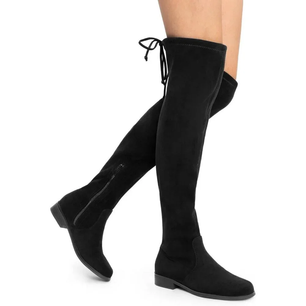 Women's Black-suede Thigh High Low Block Heel Casual Fashion Over the Knee Boots